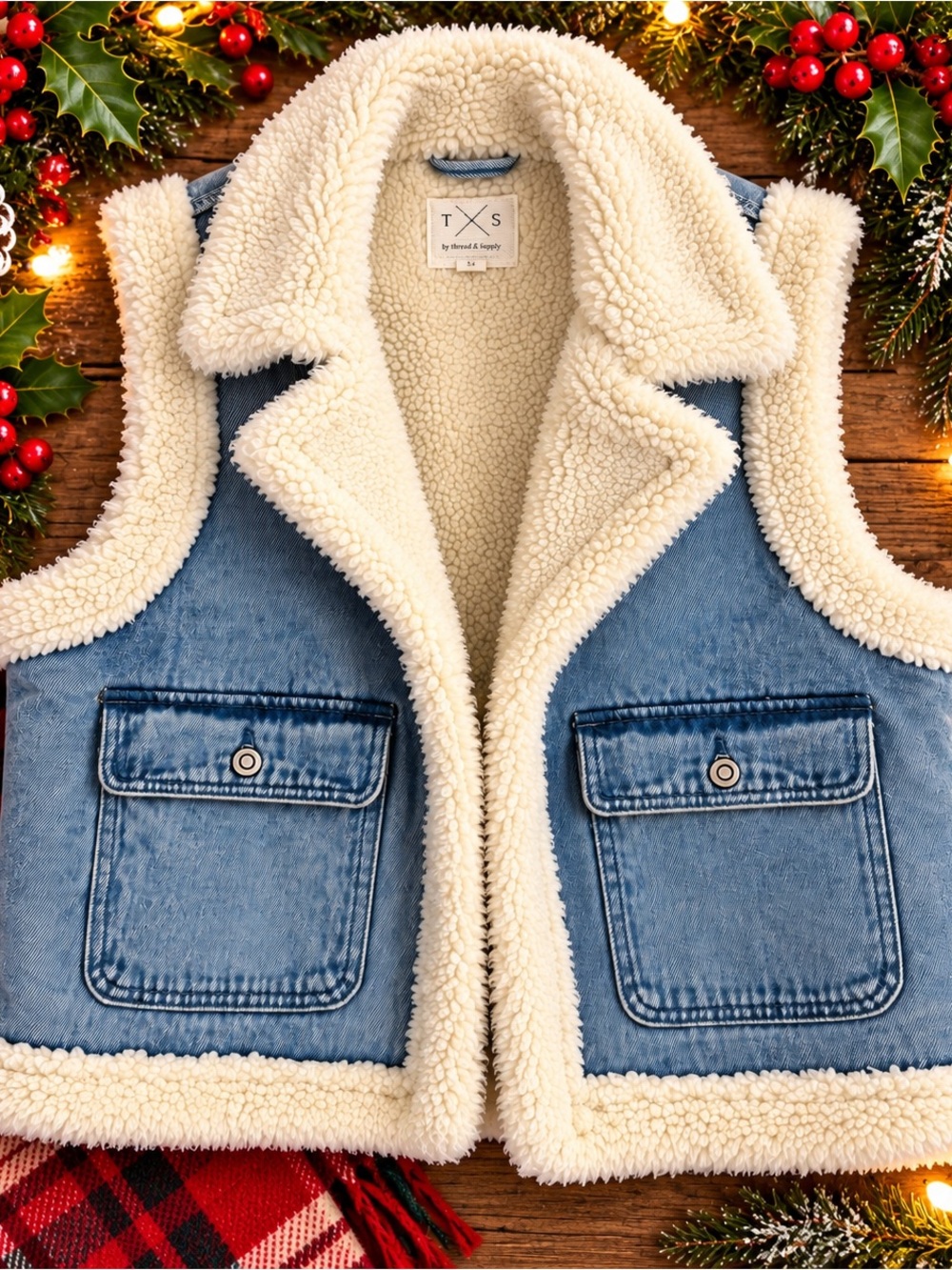 Thread & Supply Sherpa Lined Denim Vest Oversized Small 🎥